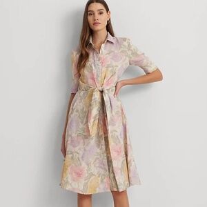 NWT RALPH LAUREN Floral Tie-Front Linen Shirtdress SIZE US 16